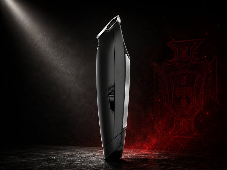 Black hair clipper or trimmer displayed against dark background with dramatic lighting and red glow effects