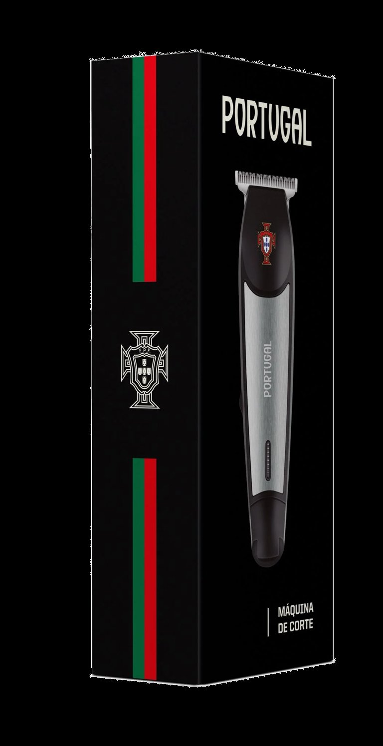 Portugal branded hair clipper with silver and black body in packaging featuring Portuguese flag stripes and coat of arms