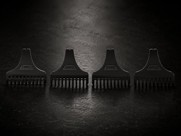 Four black clipper guard attachments labeled 1mm, 2mm, 3mm, and 4mm displayed in a row on dark textured background.