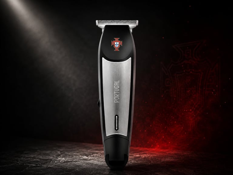 Silver and black cordless hair clipper with red LED display on dramatic dark and red background