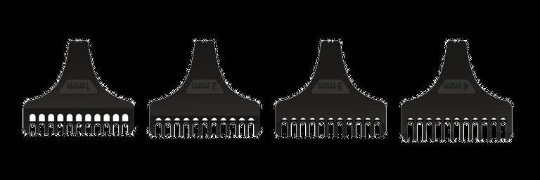 Four black comb heads with white teeth in a row