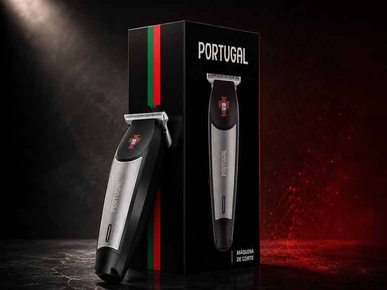 Professional hair trimmer in silver and black with Portuguese flag design, displayed next to its retail packaging box
