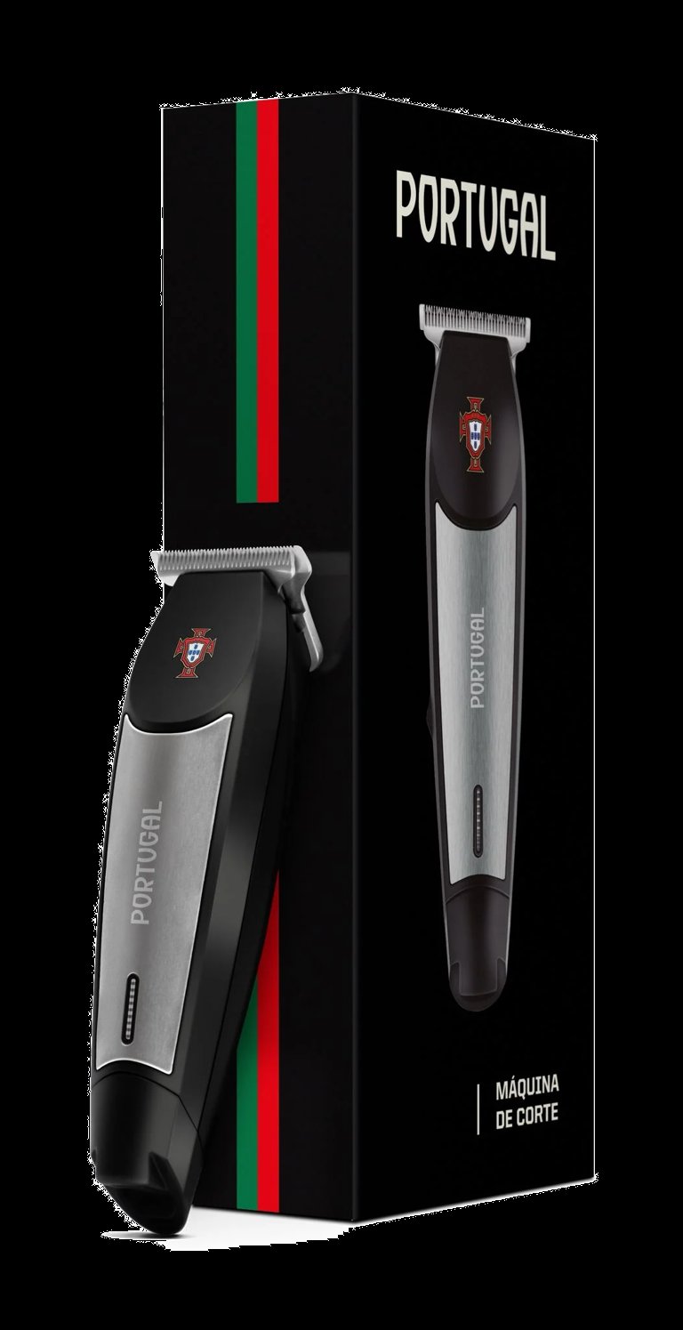 Portugal branded hair clippers packaging with two grooming tools and Portuguese flag stripe